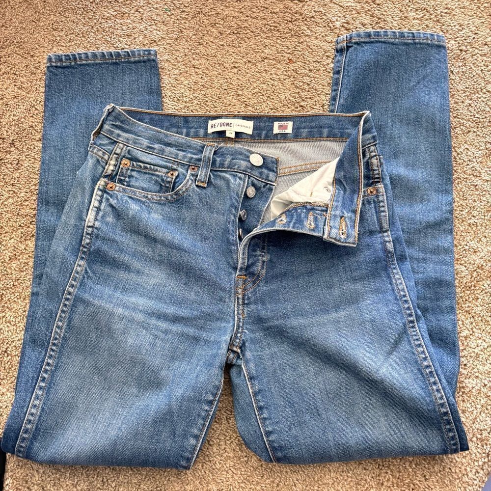 Re/Done Women's Cropped Blue High-Rise Button-Fly Jeans